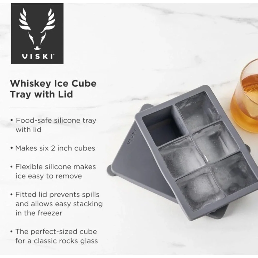 Viski Whiskey Ice Cube Tray with Lid, Large Makes Six 2-Inch Ice Molds,‎ NIB